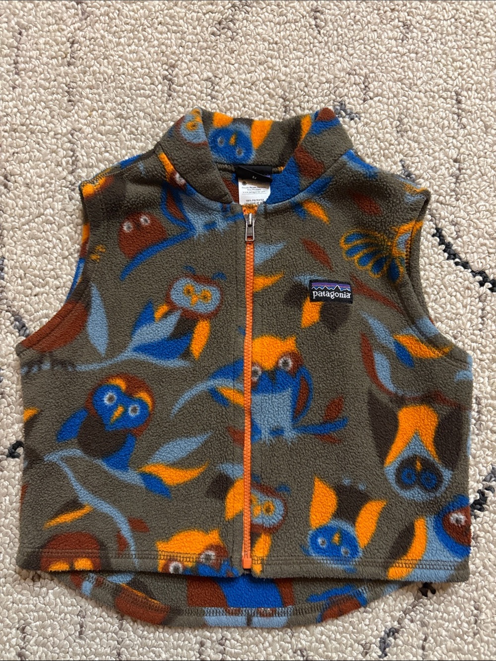 Patagonia Kids Fleece Vest in Olive with Blue and Orange Owl Print 18/24 months